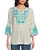 Color:Ivory - Image 1 - Woven Floral Embroidered 3/4 Flounce Sleeve Tunic