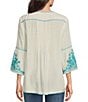 Color:Ivory - Image 2 - Woven Floral Embroidered 3/4 Flounce Sleeve Tunic