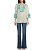 Color:Ivory - Image 3 - Woven Floral Embroidered 3/4 Flounce Sleeve Tunic