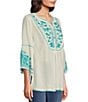 Color:Ivory - Image 4 - Woven Floral Embroidered 3/4 Flounce Sleeve Tunic