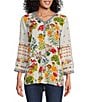 Color:Floral Multi - Image 1 - Woven Floral Embroidered Contrast Trim V-Neck 3/4 Sleeve Tunic