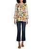 Color:Floral Multi - Image 5 - Woven Floral Embroidered Contrast Trim V-Neck 3/4 Sleeve Tunic