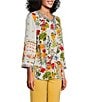 Color:Floral Multi - Image 3 - Woven Floral Embroidered Contrast Trim V-Neck 3/4 Sleeve Tunic