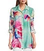 Color:Floral Multi - Image 1 - Woven Floral Multi Point Collar 3/4 Roll-Tab Sleeve Button-Front Tunic