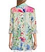 Color:Floral Multi - Image 2 - Woven Floral Multi Point Collar 3/4 Roll-Tab Sleeve Button-Front Tunic