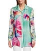 Color:Floral Multi - Image 3 - Woven Floral Multi Point Collar 3/4 Roll-Tab Sleeve Button-Front Tunic