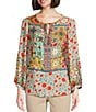Color:Multi - Image 1 - Woven Floral Print Split Neck 3/4 Cuffed Sleeve Tassel Tie Embroidered Tunic