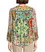 Color:Multi - Image 2 - Woven Floral Print Split Neck 3/4 Cuffed Sleeve Tassel Tie Embroidered Tunic