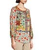 Color:Multi - Image 4 - Woven Floral Print Split Neck 3/4 Cuffed Sleeve Tassel Tie Embroidered Tunic