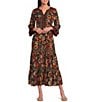 John Mark Woven Floral Print Split V-Neck 3/4 Sleeve Tiered Skirt Dress - Image 1