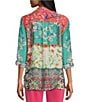 Color:Floral Multi - Image 2 - Woven Floral Printed Point Collar Roll Tab Long Sleeve Curved Hem Button Front Tunic