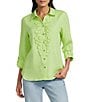 John Mark Woven Flower Applique Point Collar Long Sleeve Button Front Blouse - Image 1