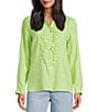 John Mark Woven Flower Applique Point Collar Long Sleeve Button Front Blouse - Image 3