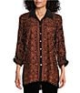 Color:Spice - Image 1 - Woven Jacquard Point Collar Roll-Tab Sleeve Allover Embroidered Button Front Tunic