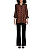 Color:Spice - Image 3 - Woven Jacquard Point Collar Roll-Tab Sleeve Allover Embroidered Button Front Tunic