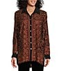 Color:Spice - Image 4 - Woven Jacquard Point Collar Roll-Tab Sleeve Allover Embroidered Button Front Tunic