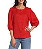 John Mark Woven Linen Round Neck Elbow Sleeve Button Front Blouse - Image 1