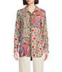 Color:Multi - Image 1 - Woven Mix Print 3/4 Sleeve Point Collar Curved Hem Button Front Tunic