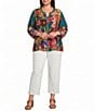 John Mark Woven Mixed All Over Print Banded Split V-Neck 3/4 Lantern Sleeve Button Front Shirt - Image 3