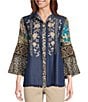 Color:Multi - Image 1 - Woven Mixed Animal Print Point Collar 3/4 Flounce Sleeve Curved Hem Button-Front Tunic