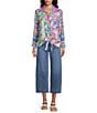John Mark Woven Multi Floral Stripe Mixed Print Point Collar Long Ruffle Cuffed Sleeve Button Front Tie Blouse - Image 4