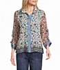 John Mark Woven Multi Floral Wire Collar Long Cinched Sleeve Button-Front Shirt - Image 1