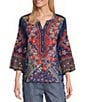 John Mark Woven Multi Scarf Floral Print Embroidered V-Neck 3/4 Sleeve Tunic - Image 1