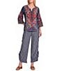 John Mark Woven Multi Scarf Floral Print Embroidered V-Neck 3/4 Sleeve Tunic - Image 4