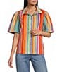 John Mark Woven Multi Stripe Point Collar Short Puff Sleeve Button Front Shirt - Image 1