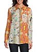 John Mark Woven Novelty Mix Print Point Collar Long Roll-Tab Sleeve Button-Front Tunic, Color:Multi - Image 1