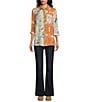 John Mark Woven Novelty Mix Print Point Collar Long Roll-Tab Sleeve Button-Front Tunic, Color:Multi - Image 3