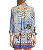 Color:Multi - Image 2 - Woven Novelty Print Wire Collar 3/4 Roll-Tab Sleeve Button-Front Tunic