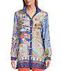 Color:Multi - Image 4 - Woven Novelty Print Wire Collar 3/4 Roll-Tab Sleeve Button-Front Tunic