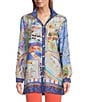 Color:Multi - Image 1 - Woven Novelty Print Wire Collar 3/4 Roll-Tab Sleeve Button-Front Tunic