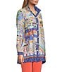 Color:Multi - Image 4 - Woven Novelty Print Wire Collar 3/4 Roll-Tab Sleeve Button-Front Tunic