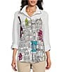 Color:White Multi - Image 1 - Woven Novelty Print Wire Collar Long Roll-Tab Sleeve Button-Front Tunic