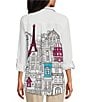 Color:White Multi - Image 2 - Woven Novelty Print Wire Collar Long Roll-Tab Sleeve Button-Front Tunic