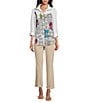 Color:White Multi - Image 5 - Woven Novelty Print Wire Collar Long Roll-Tab Sleeve Button-Front Tunic