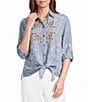 John Mark Woven Paisley Embroidered Point Collar Long Roll Tab Sleeve Button Front Tie Shirt - Image 1