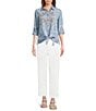 John Mark Woven Paisley Embroidered Point Collar Long Roll Tab Sleeve Button Front Tie Shirt - Image 3