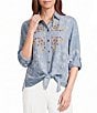 John Mark Woven Paisley Embroidered Point Collar Long Roll Tab Sleeve Button Front Tie Shirt - Image 1