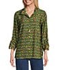 John Mark Woven Parrot Print Wire Collar 3/4 Cinched Tie Sleeve Hi Low Hem Button Front Tunic, Color:Dark Olive - Image 1