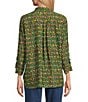 John Mark Woven Parrot Print Wire Collar 3/4 Cinched Tie Sleeve Hi Low Hem Button Front Tunic, Color:Dark Olive - Image 2