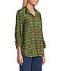 John Mark Woven Parrot Print Wire Collar 3/4 Cinched Tie Sleeve Hi Low Hem Button Front Tunic, Color:Dark Olive - Image 3