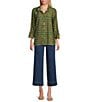 John Mark Woven Parrot Print Wire Collar 3/4 Cinched Tie Sleeve Hi Low Hem Button Front Tunic, Color:Dark Olive - Image 5