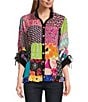 John Mark Woven Patch Print Wire Collar 3/4 Cinch Tie Sleeve Button Front Shirt, Color:Patch Multiple - Image 1