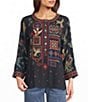 John Mark Woven Placed Print & Embroidery Round Neck 3/4 Sleeve Front button Placket Blouse - Image 1