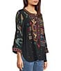 John Mark Woven Placed Print & Embroidery Round Neck 3/4 Sleeve Front button Placket Blouse - Image 3