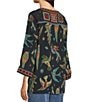 John Mark Woven Placed Print & Embroidery Round Neck 3/4 Sleeve Front button Placket Blouse - Image 4