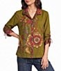 John Mark Woven Placed Print Floral Embroidered Wire Collar 3/4 Cinched Sleeve Button Front Shirt - Image 1